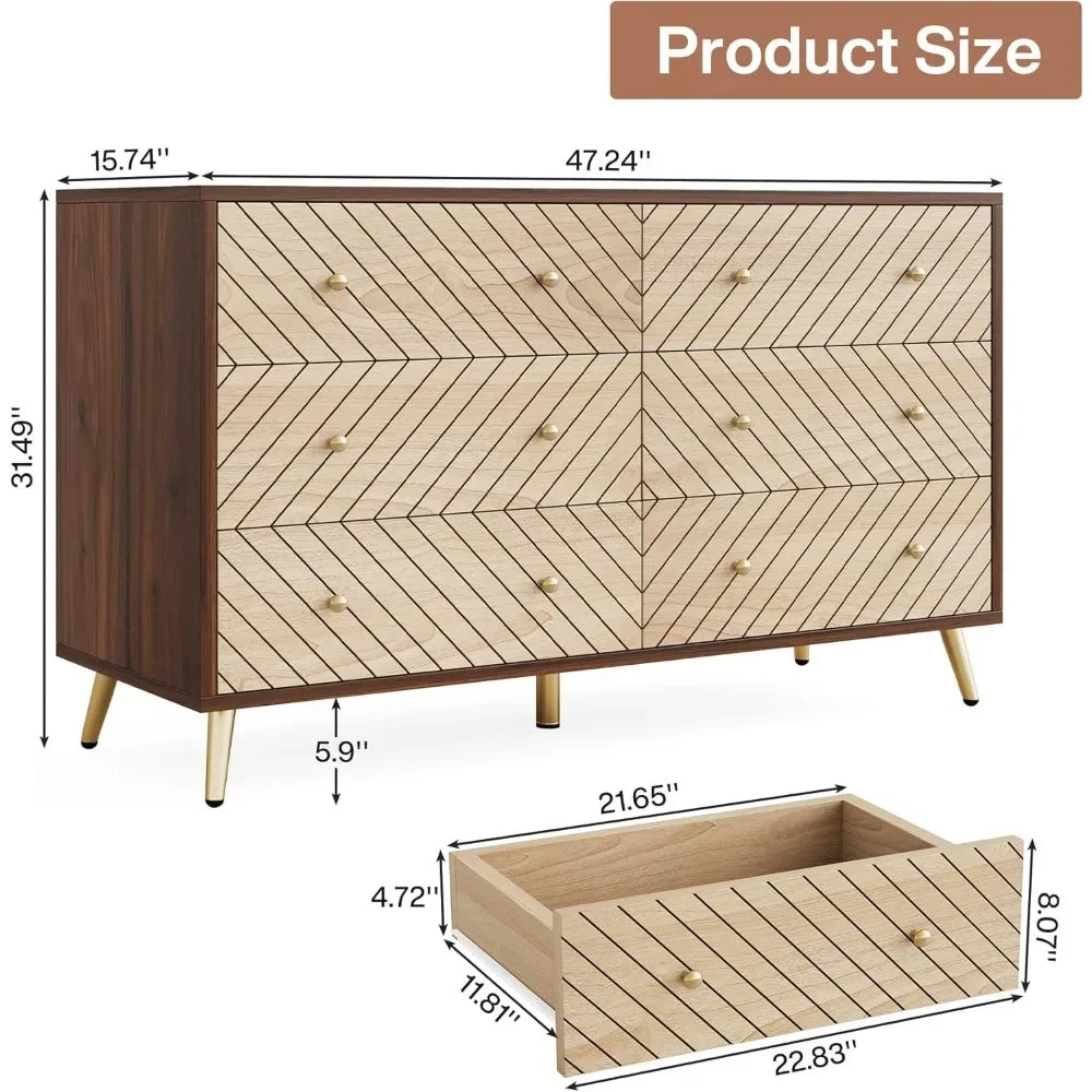 47-Inch Dresser for Bedroom with 6 Drawers, Double Wide Chest of Drawers with Gold Legs, Wood & Metal 6-Drawer Storage Cabinet f