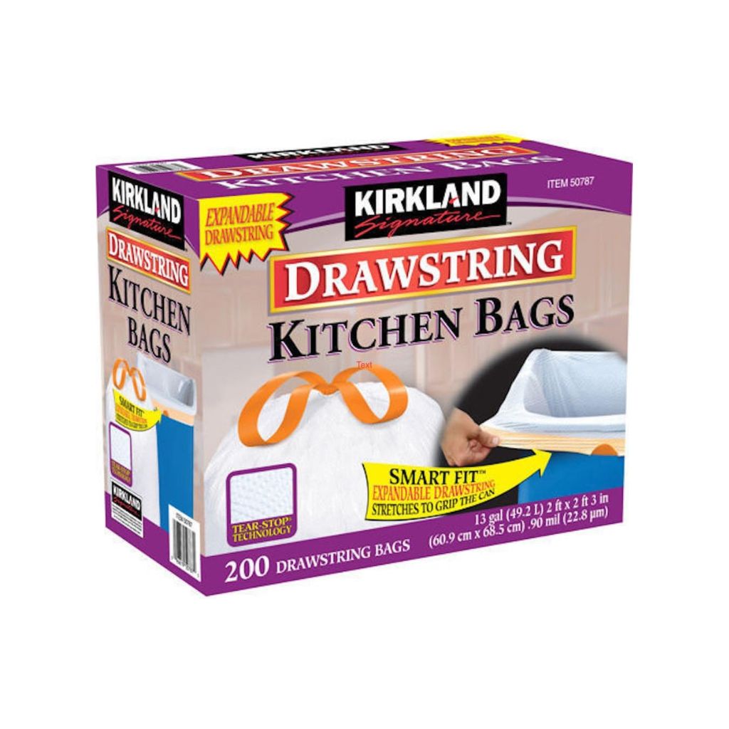 Kirkland Signature 13 Gallon 200 Ct Carton 100% Recyclable Heavy Duty Drawstring Kitchen Trash Bags – White