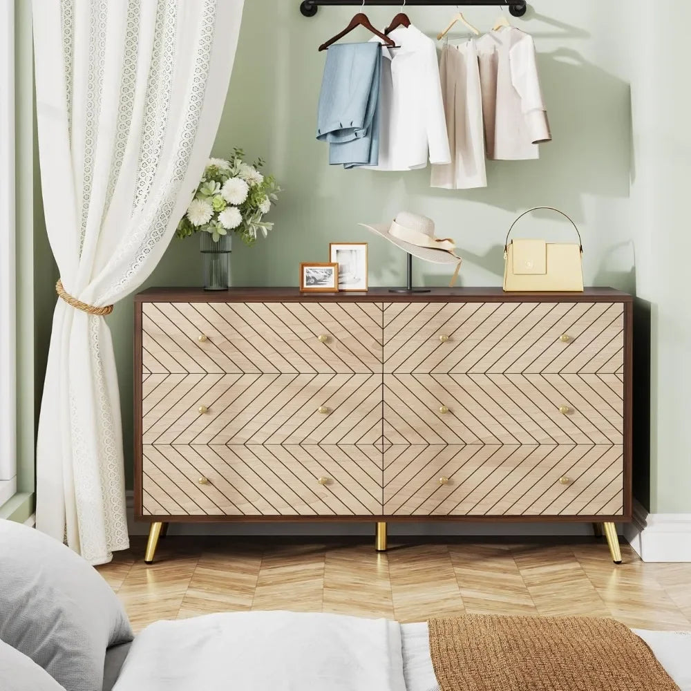 47-Inch Dresser for Bedroom with 6 Drawers, Double Wide Chest of Drawers with Gold Legs, Wood & Metal 6-Drawer Storage Cabinet f