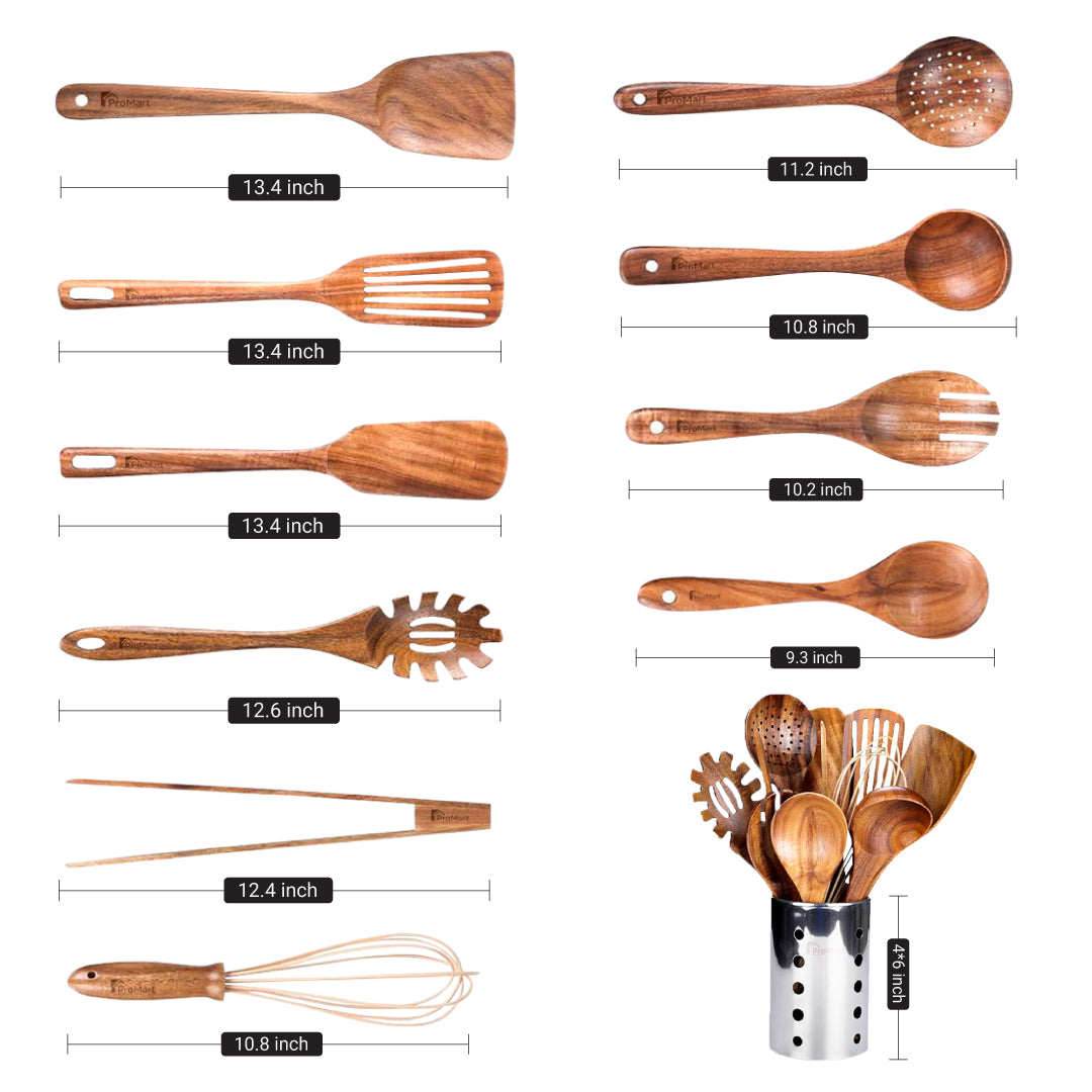 11 Pcs Wooden Kitchen Utensils Set with Holder – Cooking Spoons & Spatulas