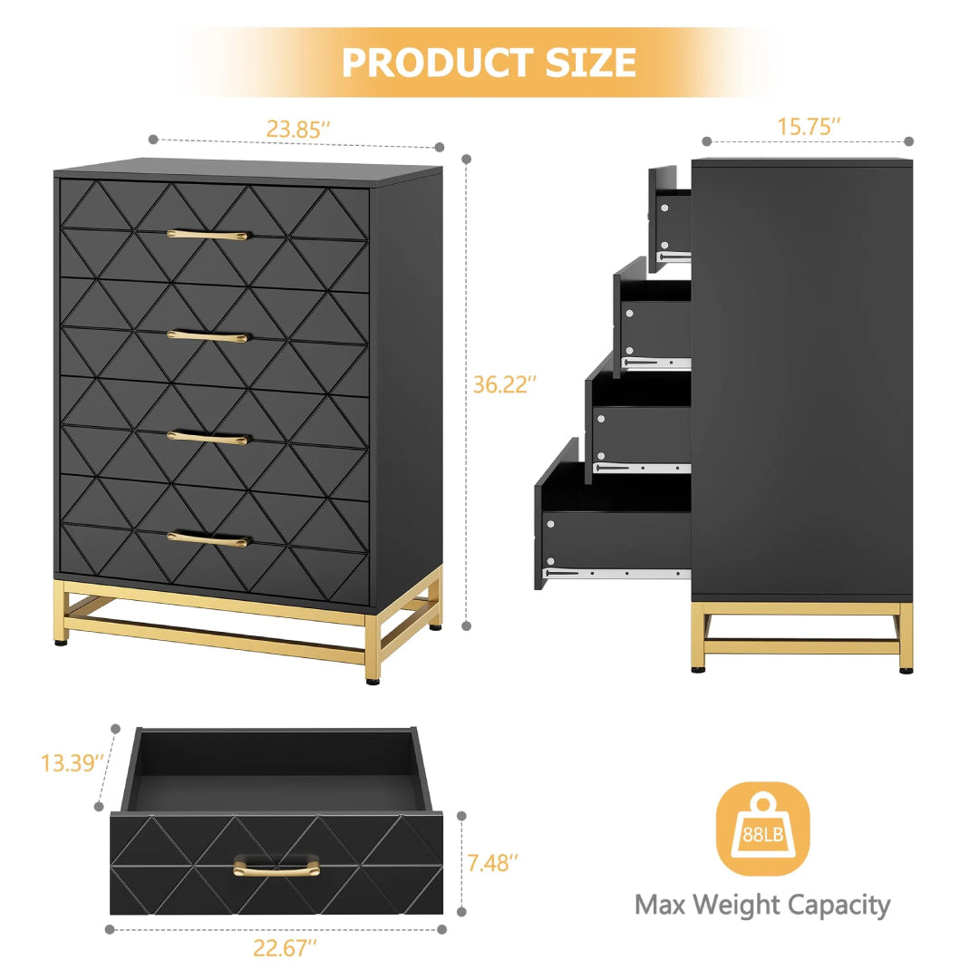 Black 4-drawer dresser with gold handles and base, modern storage cabinet measuring 36.22 x 23.85 x 15.75 inches, drawer size 22.67 x 13.39 x 7.48 inches, max weight capacity 88 lbs