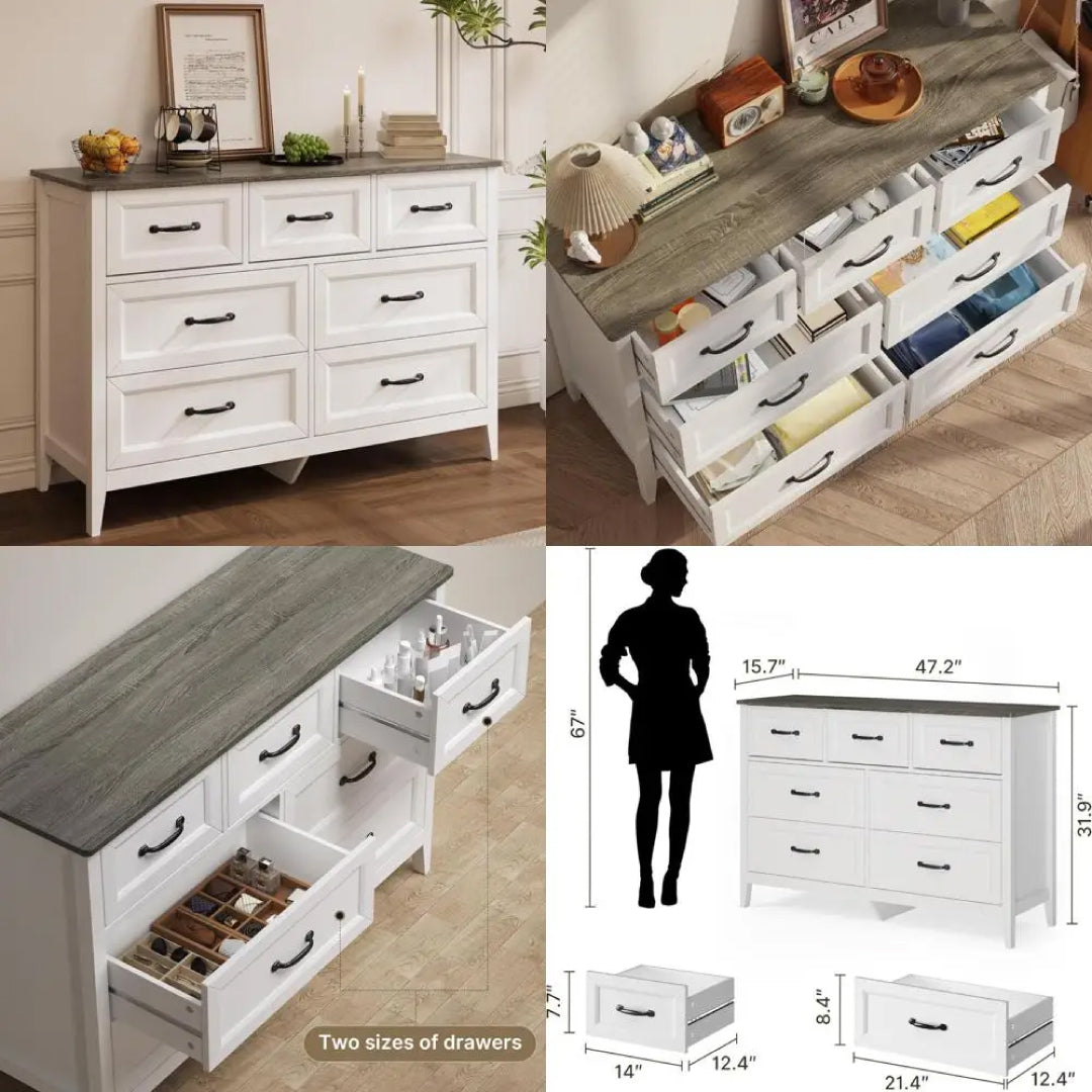 White 7-Drawer Dresser – 47″ Wide Bedroom Chest with Metal Handles