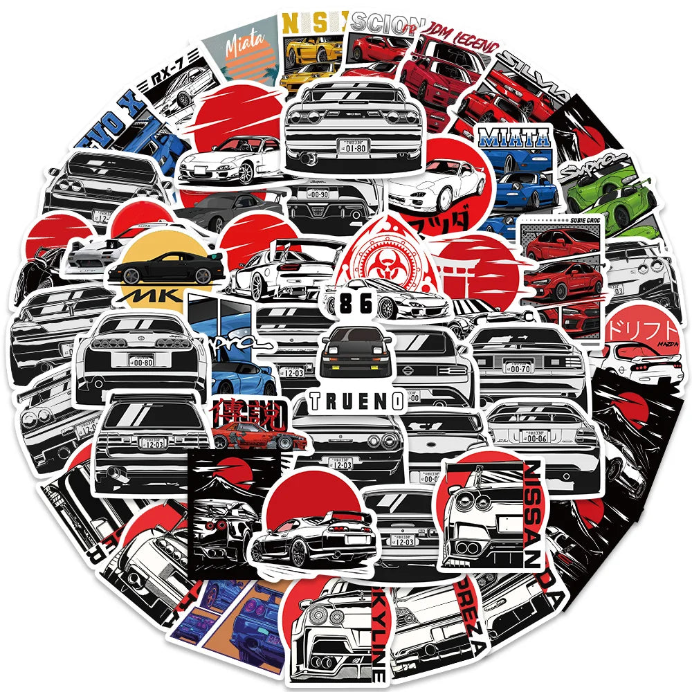 Japan JDM Racing Car Stickers 50pcs Anime Graffiti Waterproof Decals for Cars, Bikes, Laptops & Skateboards