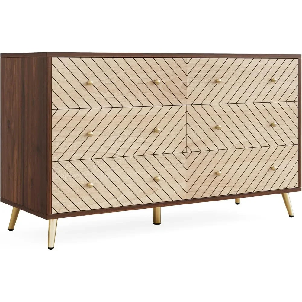 47-Inch Dresser for Bedroom with 6 Drawers, Double Wide Chest of Drawers with Gold Legs, Wood & Metal 6-Drawer Storage Cabinet f