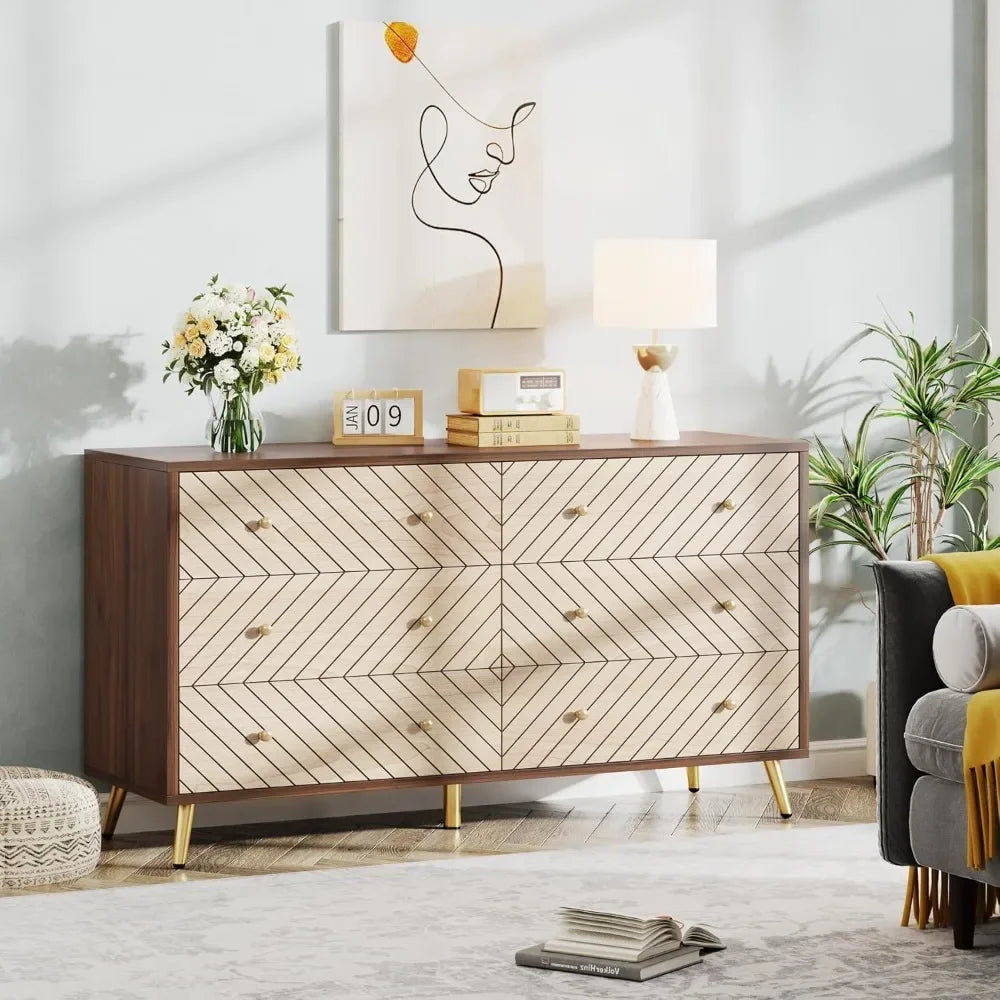 47-Inch Dresser for Bedroom with 6 Drawers, Double Wide Chest of Drawers with Gold Legs, Wood & Metal 6-Drawer Storage Cabinet f