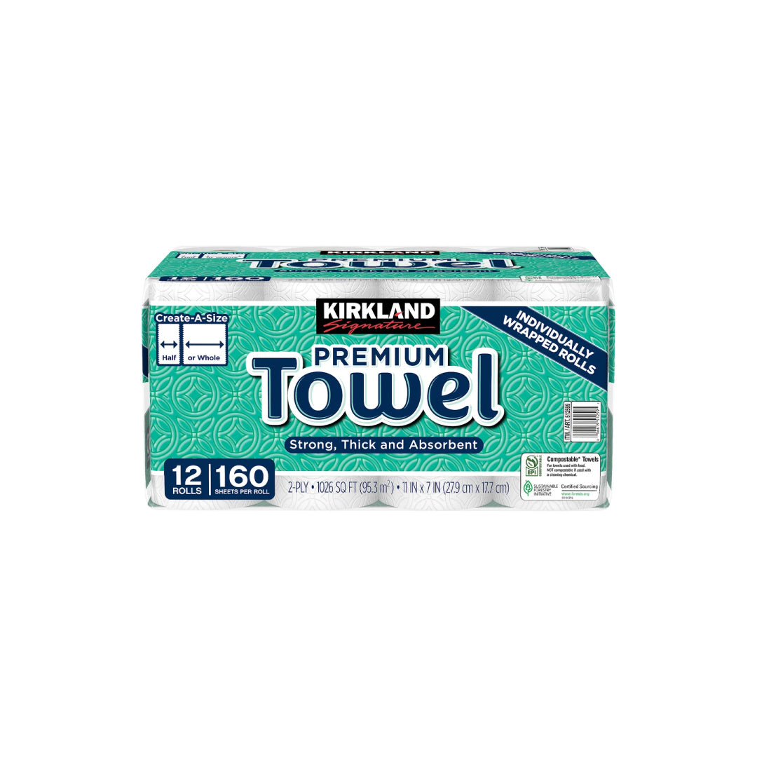 Kirkland Signature Paper Towels, 2-Ply, 160 Sheets, 12 Individually Wrapped Rolls