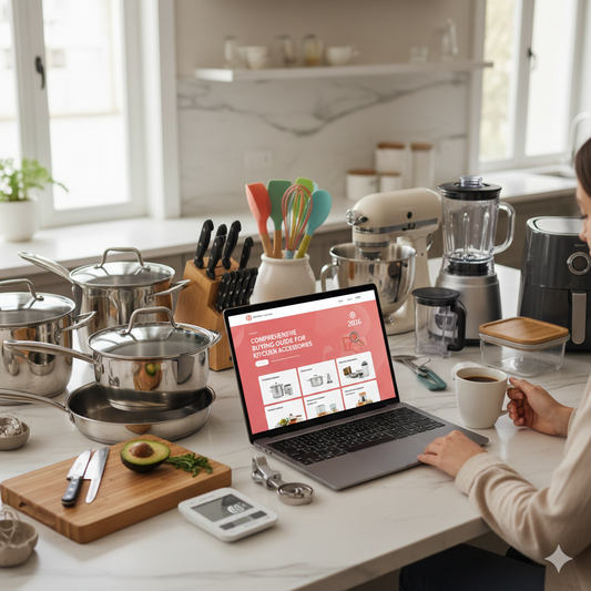 A modern USA kitchen island featuring a laptop with a buying guide, high-quality stainless steel cookware, wooden accessories, and smart appliances.