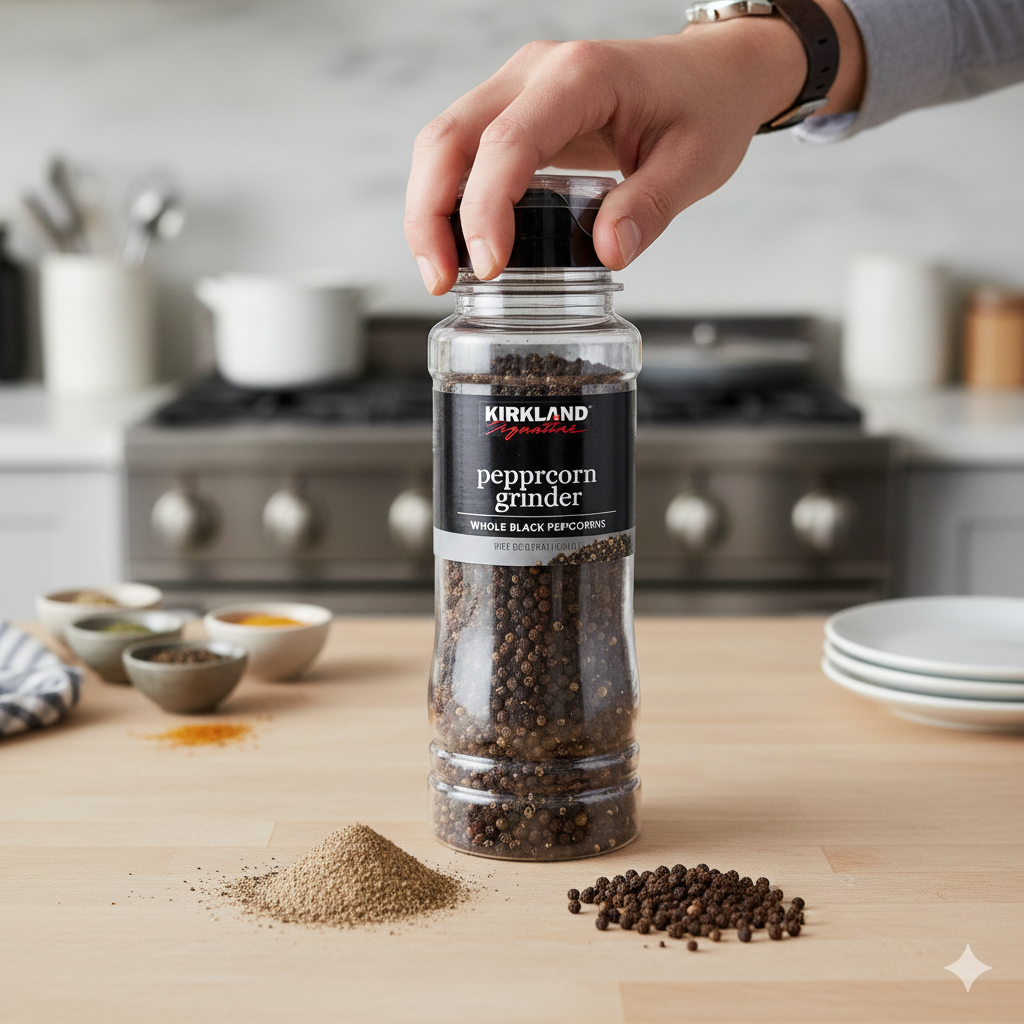 A hand twisting a Kirkland Signature black peppercorn grinder over a seasoned steak on a wooden cutting board