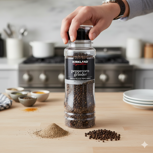 A hand twisting a Kirkland Signature black peppercorn grinder over a seasoned steak on a wooden cutting board