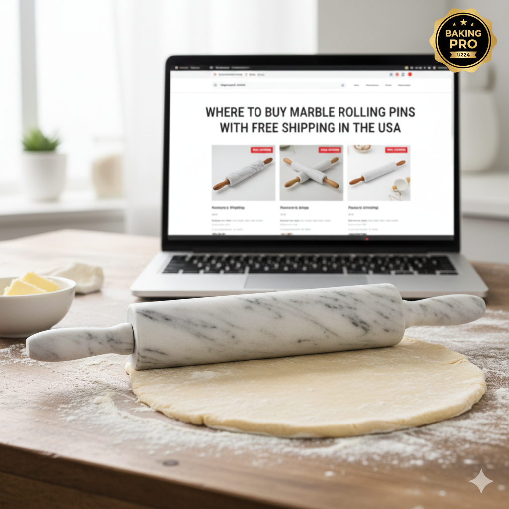 A luxury white marble rolling pin on a floured wooden table with a laptop displaying a 2026 USA shipping guide and online store listings.