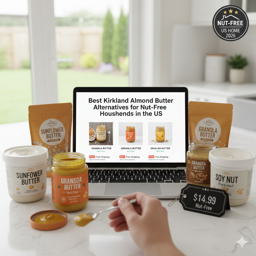 A selection of 2026 nut-free butter alternatives like SunButter and 88 Acres on a white kitchen counter, featuring a laptop with a buyer's guide for US households.