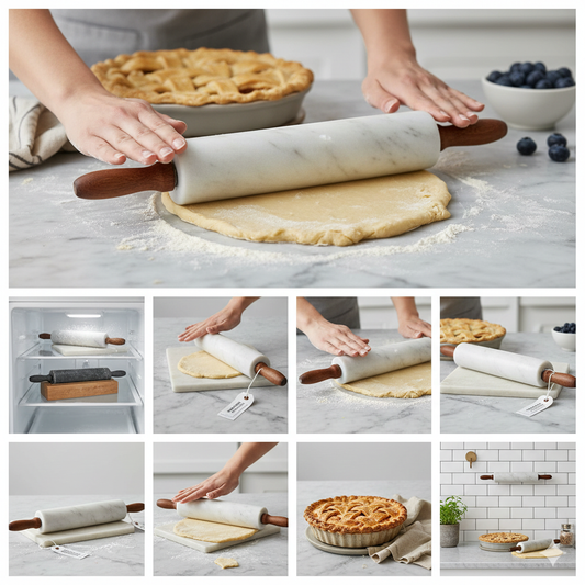 A heavy white marble rolling pin with wooden handles resting on its wooden cradle next to floured pie dough