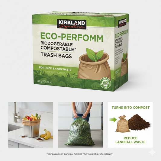 A 2026 eco-performance box of Kirkland compostable trash bags next to a kitchen scrap bin and a graphic showing the breakdown into nutrient-rich soil.