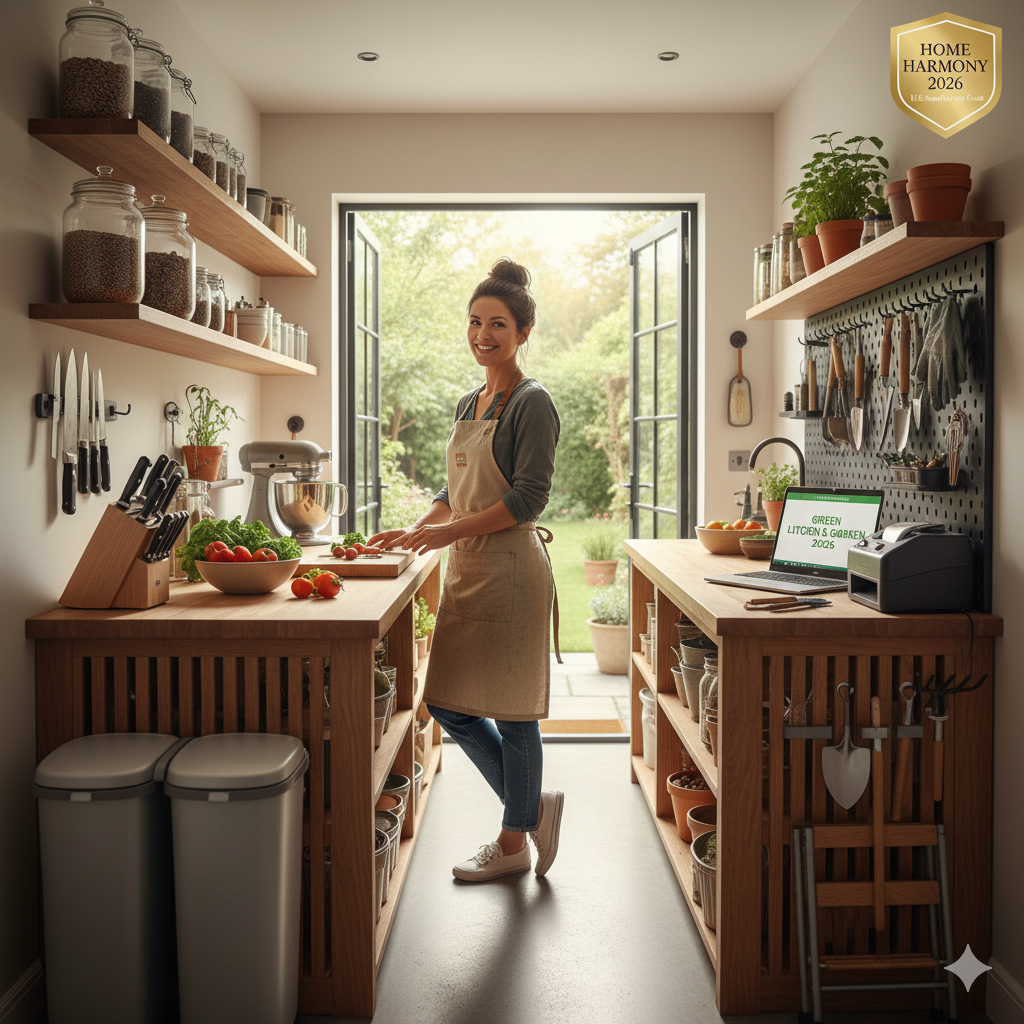A 2026 hybrid indoor-outdoor kitchen featuring a wooden pegboard where herb snips and trowels hang alongside stainless steel ladles and kitchen knives near an open garden door.