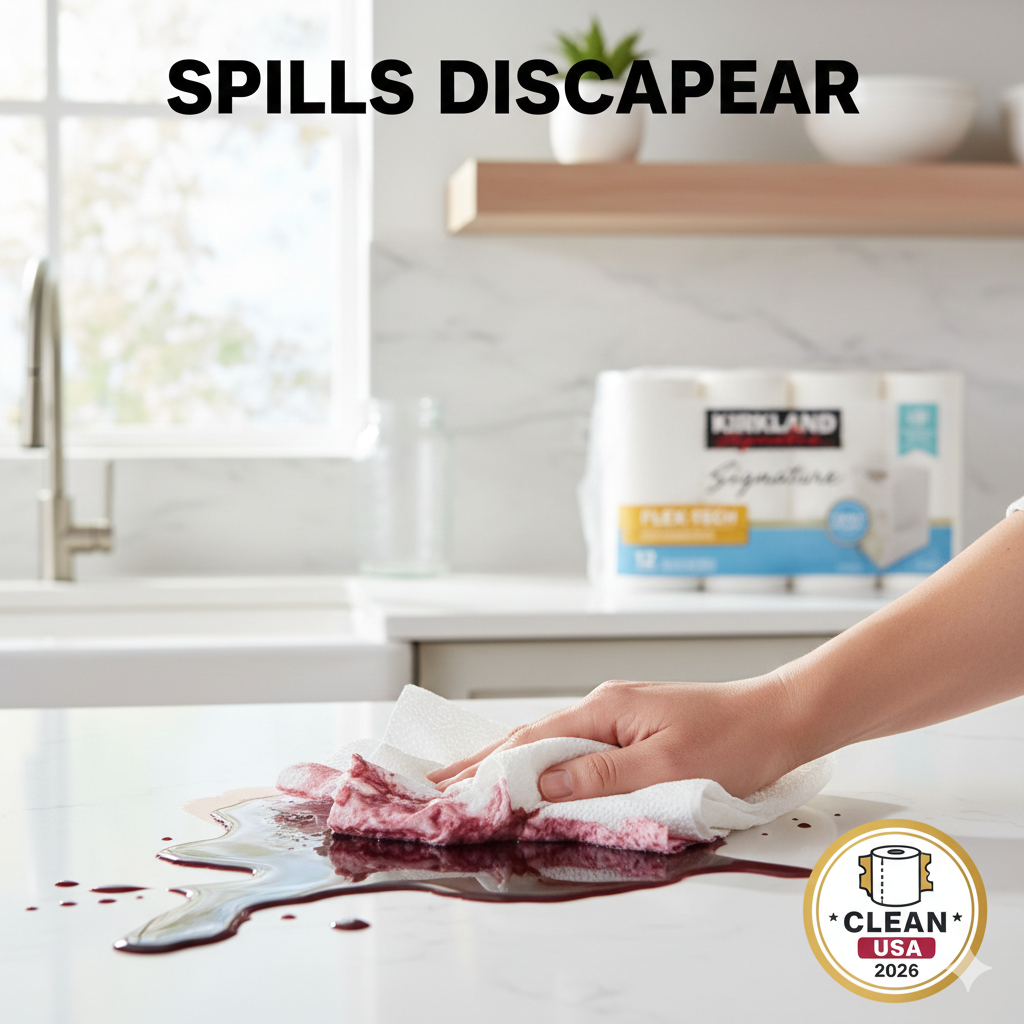 A hand using a thick Kirkland Signature paper towel to quickly absorb a red liquid spill on a white marble kitchen island.