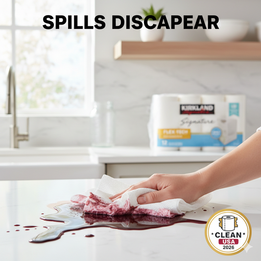 A hand using a thick Kirkland Signature paper towel to quickly absorb a red liquid spill on a white marble kitchen island.