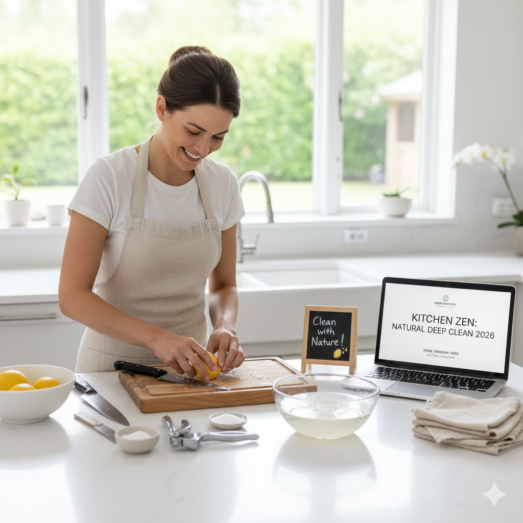 A 2026 spring kitchen scene showing a woman using fresh lemons, coarse salt, and baking soda to deep clean a wooden cutting board and metal kitchen gadgets.