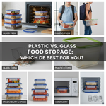 A side-by-side comparison of glass and plastic meal prep containers with various lids and food contents