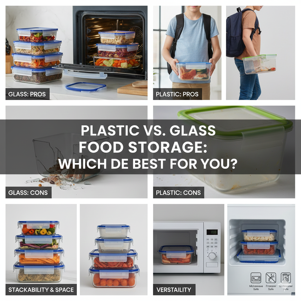 A side-by-side comparison of glass and plastic meal prep containers with various lids and food contents