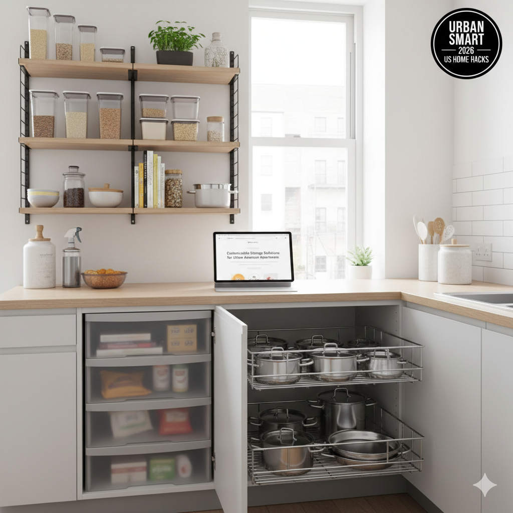 White modular closet system with adjustable shelving, a rolling storage cart, and over-the-door pantry organizers in a modern urban US apartment.