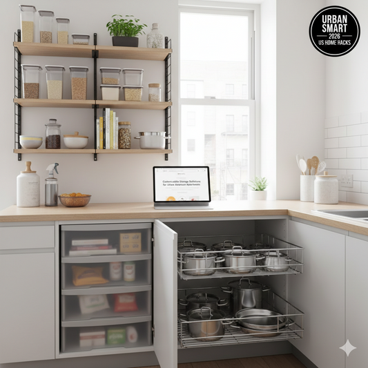 White modular closet system with adjustable shelving, a rolling storage cart, and over-the-door pantry organizers in a modern urban US apartment.