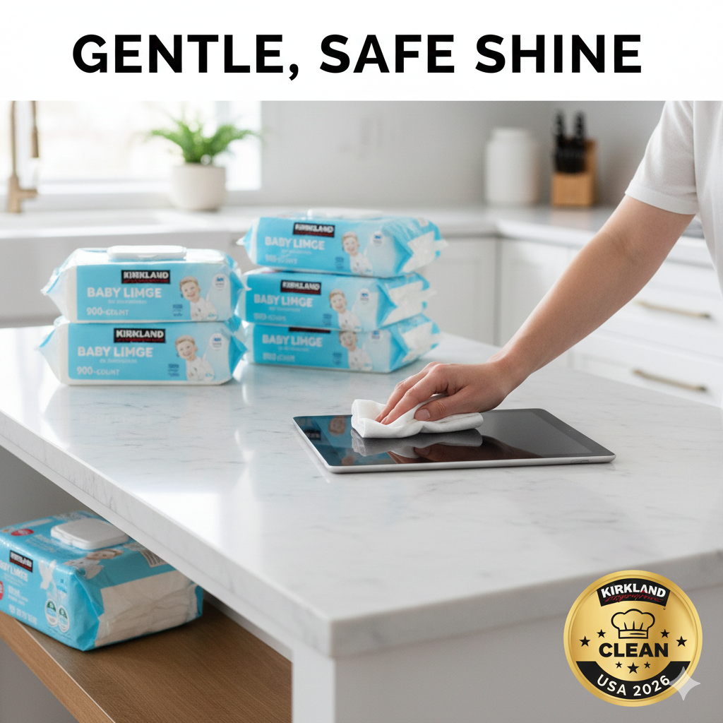 A person using a soft Kirkland Signature baby wipe to gently clean a smudge off a tablet screen on a white marble kitchen island.