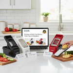 A 2026 kitchen comparison of multi-tool slicers from Dash, Mueller, and OXO on a white countertop with fresh vegetables and a laptop showing user ratings.