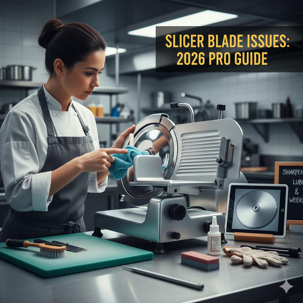A professional 2026 kitchen scene where a chef in a white uniform is using a green microfiber cloth to carefully clean a stainless steel slicer blade, with sharpening stones nearby.