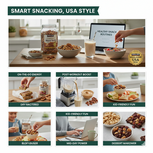 A flat-lay collage of healthy snack routines featuring Kirkland mixed nuts, homemade trail mix, and nut-topped yogurt bowls for a balanced US diet.