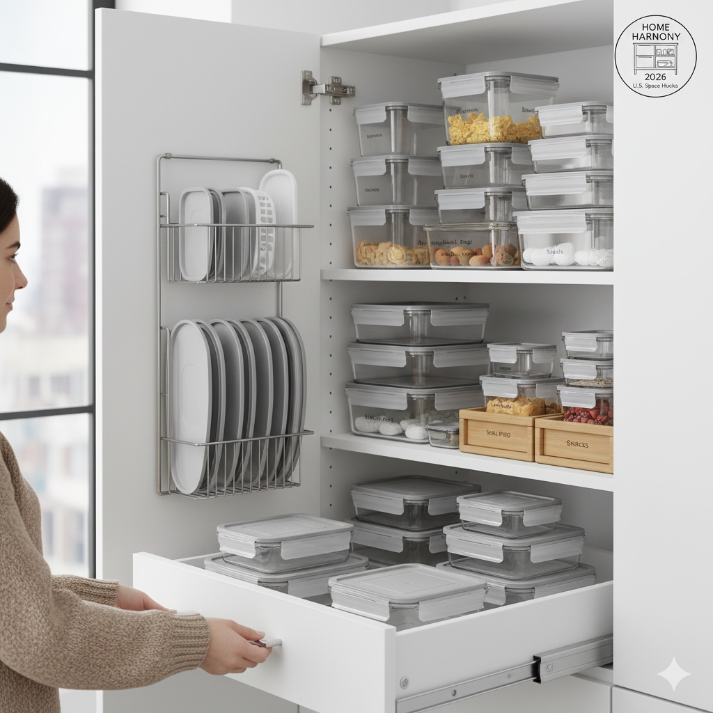 A 2026 organized white kitchen cabinet with nested glass food containers, tiered shelf risers, and an adhesive lid rack mounted on the interior door.