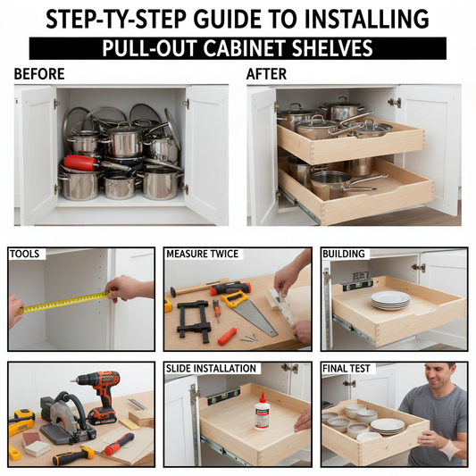 "Pull-out kitchen cabinet organizer shelf being installed with heavy-duty drawer slides