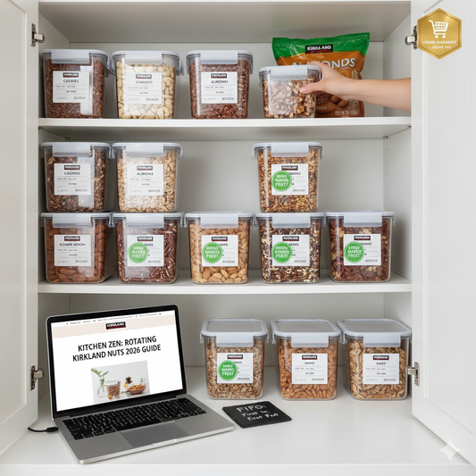 A 2026 organized pantry shelf showing Kirkland almonds and cashews in airtight glass jars with clear FIFO date labels and a "First In, First Out" reminder.