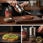 A chef's station featuring a stainless steel pepper mill grinding Kirkland peppercorns over a seared steak and fresh avocado toast.