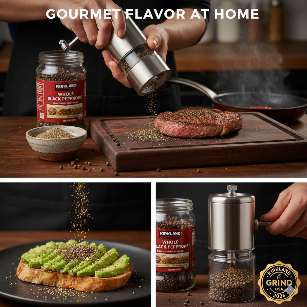 A chef's station featuring a stainless steel pepper mill grinding Kirkland peppercorns over a seared steak and fresh avocado toast.
