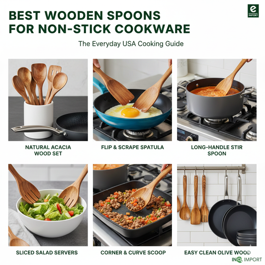 A variety of beech and bamboo wooden spoons resting on a marble countertop next to a non-stick frying pan