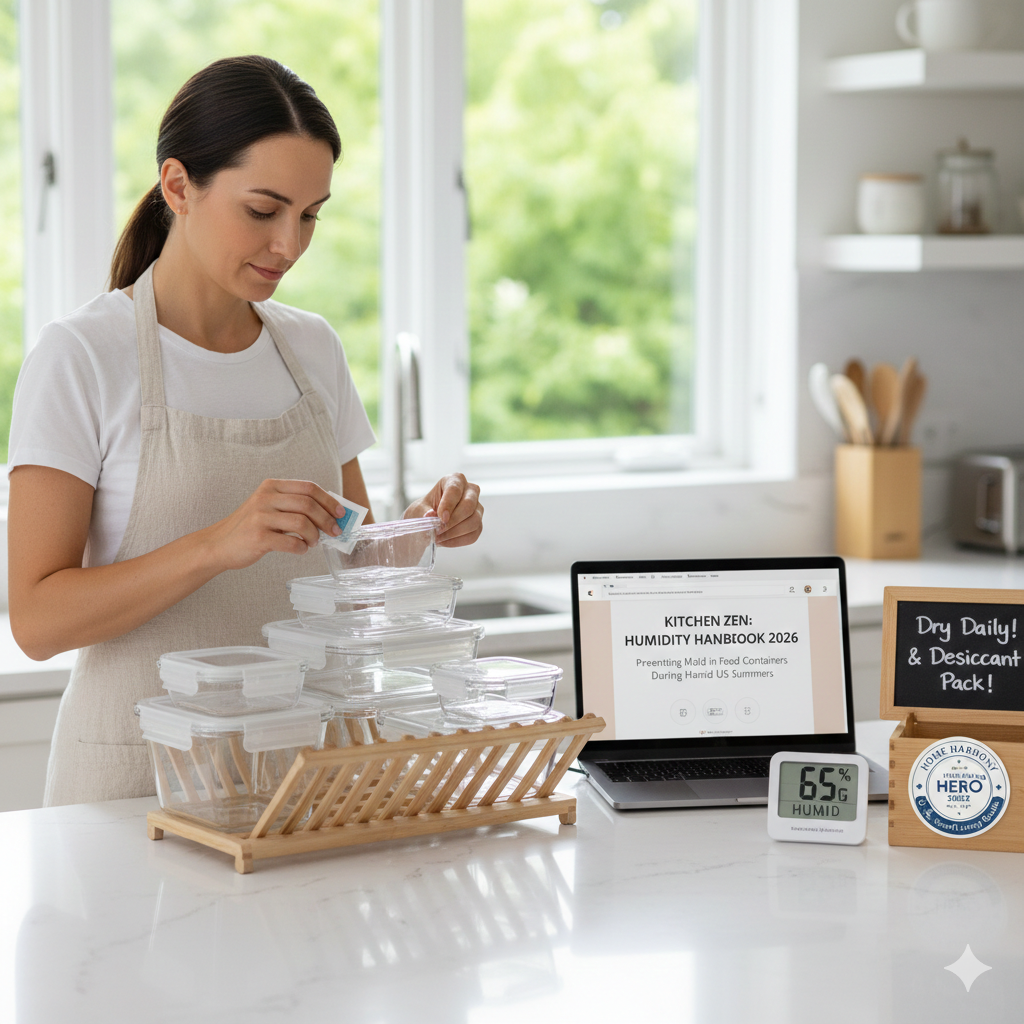 A 2026 kitchen setup in a humid climate showing a woman placing silica desiccant packs into glass food containers next to a digital hygrometer reading 65% humidity.