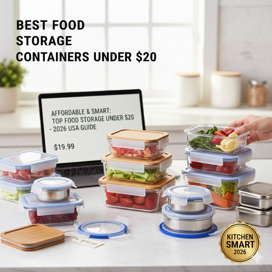 A variety of budget-friendly food storage containers under $20, including glass meal prep bowls and stainless steel snack tins on a white kitchen counter.
