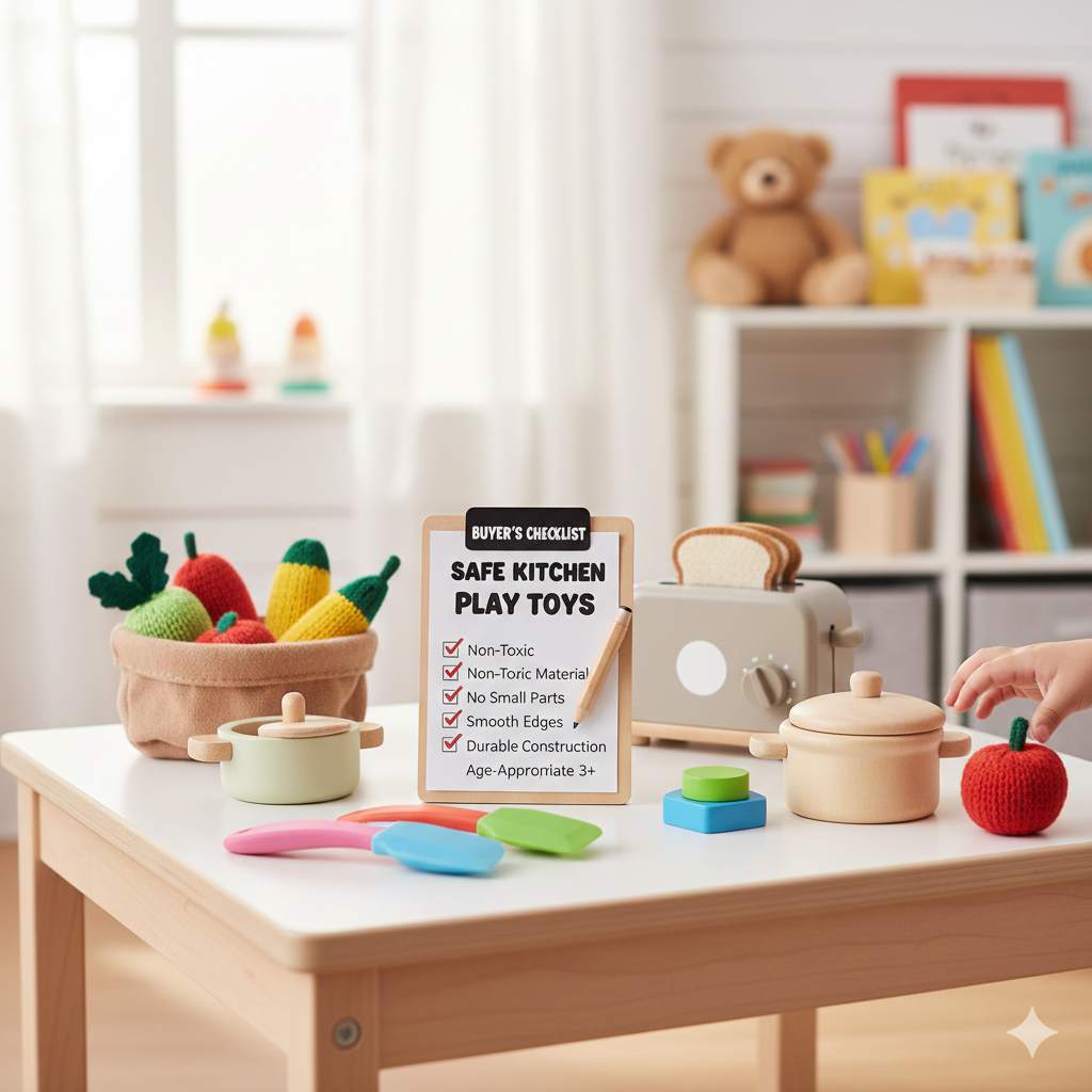 A wooden play kitchen with a child's hand reaching for a crochet apple, featuring a safety checklist for non-toxic materials and age-appropriate play.