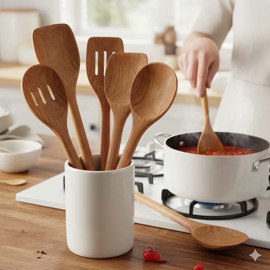 A variety of handcrafted teak wooden spoons and spatulas resting on a kitchen counter next to a pot of simmering tomato sauce