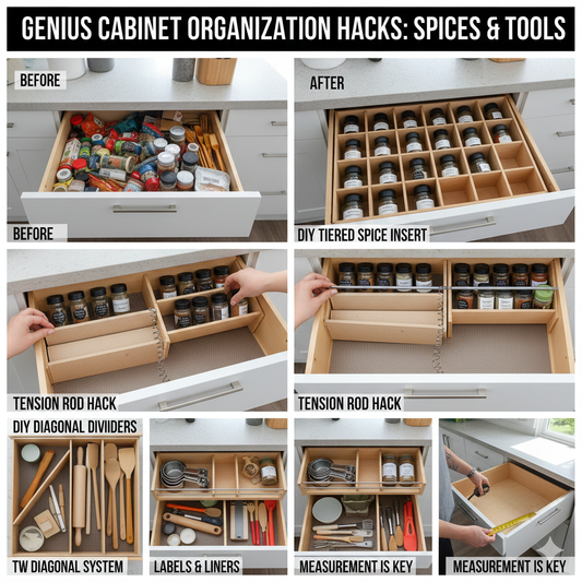 Custom bamboo drawer dividers organizing kitchen spices and utensils in a modern cabinet