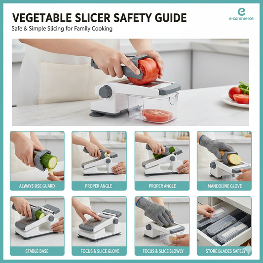 A person using a mandoline slicer with a safety food guard and wearing a grey cut-resistant glove while slicing a cucumber on a wooden board