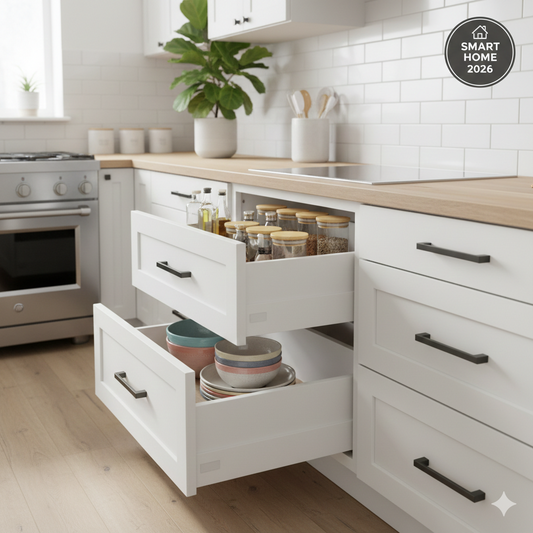 White modern kitchen cabinets with two large drawers pulled out, showcasing organized glass spice jars, bowls, and plates in a 2026 smart home setting.