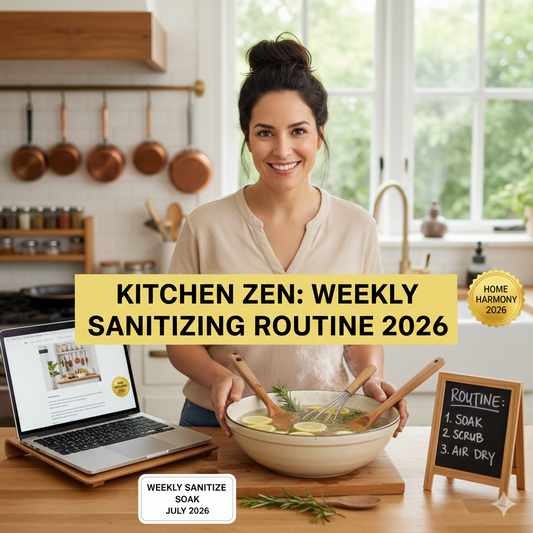 A 2026 home kitchen scene showing a woman smiling as she prepares a natural sanitizing soak with lemons and rosemary for her wooden kitchen accessories.