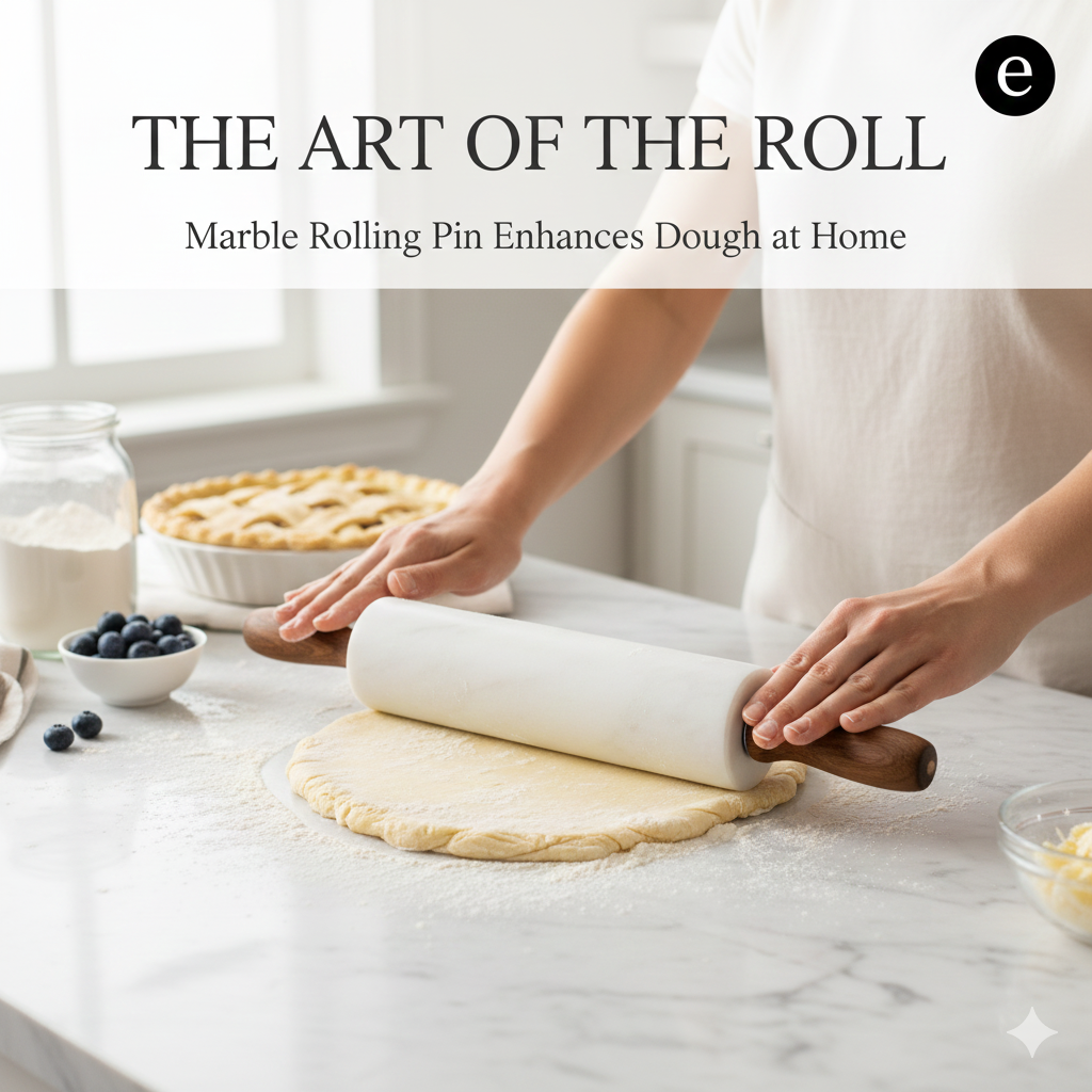 A heavy white-and-gray marble rolling pin with wooden handles, showing its smooth surface used for flattening cold pastry dough