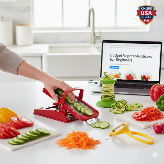 A red handheld mandoline slicer with a safety guard slicing a cucumber on a marble counter, next to a laptop showing a 2026 USA buyer's guide.