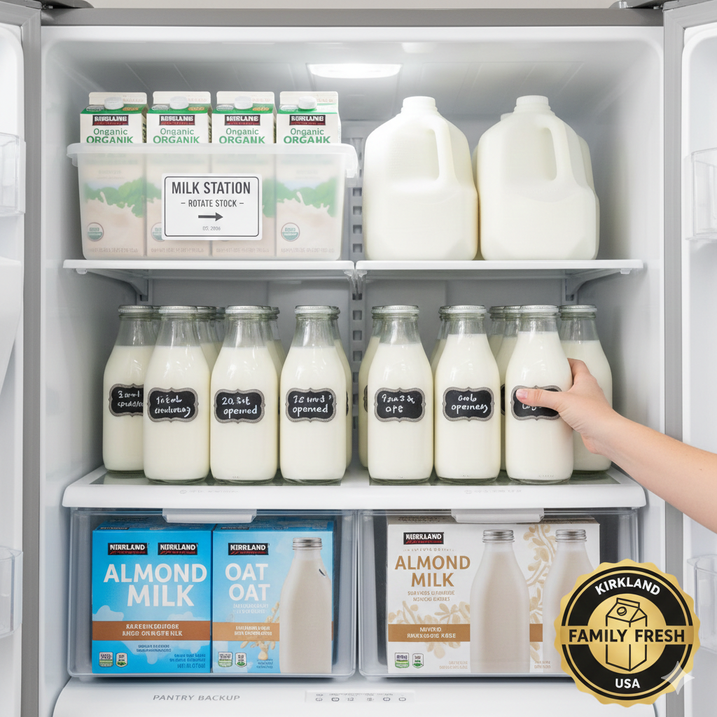 An organized large family refrigerator with Kirkland milk gallons and glass bottles placed on the cold back shelves for maximum freshness.