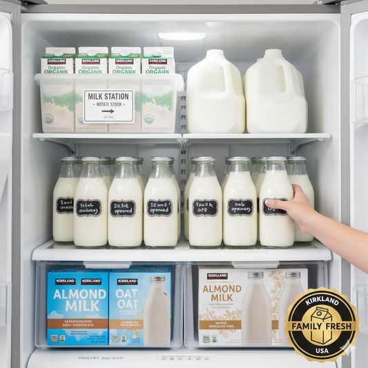 An organized large family refrigerator with Kirkland milk gallons and glass bottles placed on the cold back shelves for maximum freshness.