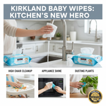 A bright kitchen scene showing Kirkland baby wipes being used to clean a high chair, a microwave handle, and a leafy plant for a dust-free home.