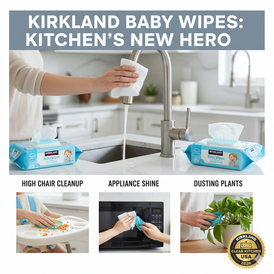 A bright kitchen scene showing Kirkland baby wipes being used to clean a high chair, a microwave handle, and a leafy plant for a dust-free home.