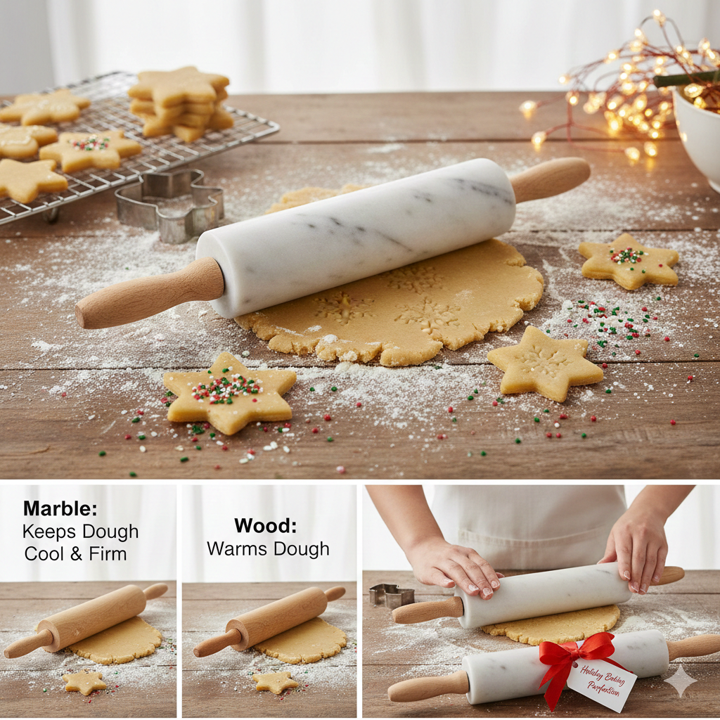 Marble rolling pin with wooden handles rolling out holiday cookie dough on a floured wooden table, showcasing the benefits of marble for festive baking.